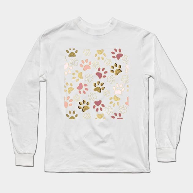 Rose Gold Colored Shining Paw Prints Long Sleeve T-Shirt by GULSENGUNEL